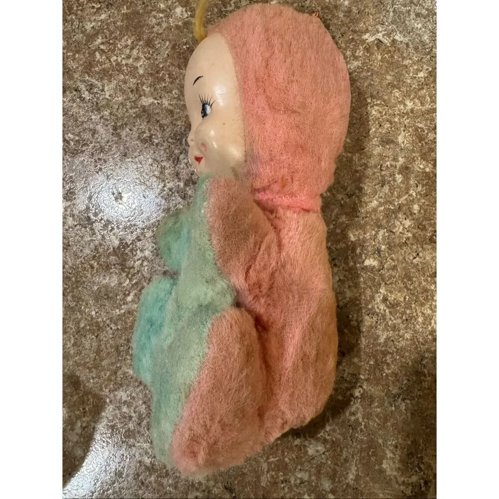 Vintage Pink & Blue Plush Baby Doll Rubber Face Stuffed Toy 9 inch Mid Century N